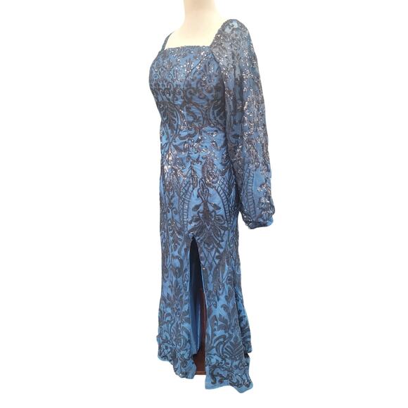 NWT Long Sleeved Patterned Sequin Gown in Blue - Picture 6 of 12